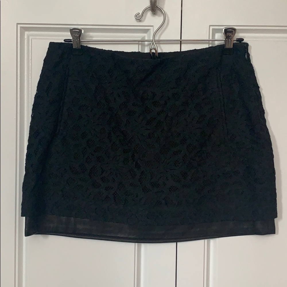 DVF black leather & lace mini skirt